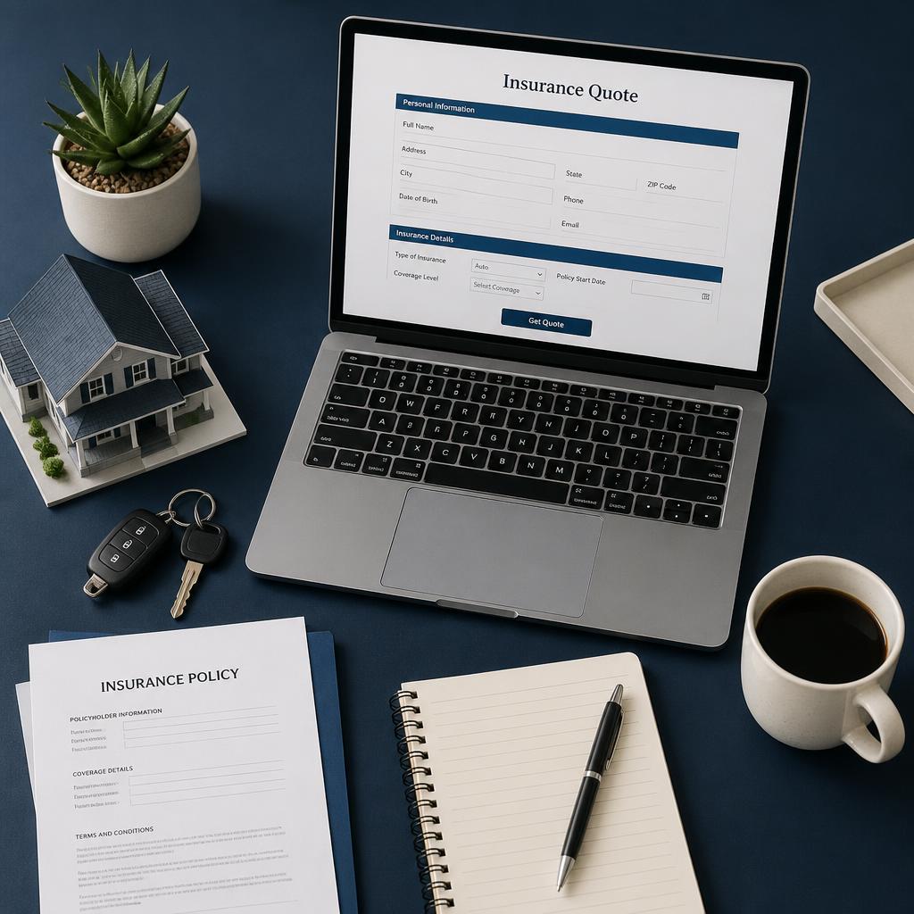 Insurance workspace with laptop quotes, home model, and car keys on an agency desk